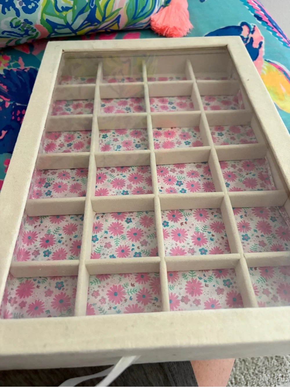 Bone White Velvet 24-Compartment Jewelry Display Case - 14”x9.5”